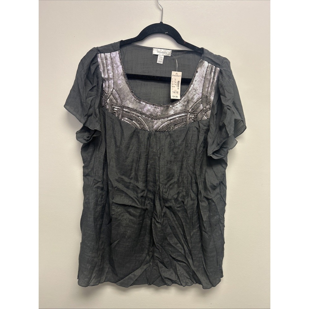DRESSBARN Women's‎  Gray/ Neck Line Sequin Short Sleeve Blouse Top Shirt 14